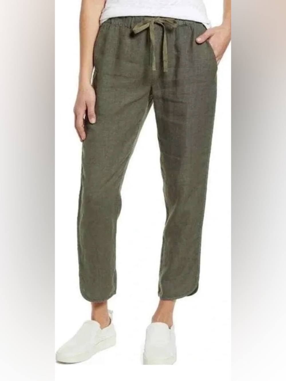 Caslon Linen PullOn Ankle Pants Elastic Waist with Drawstring GUC XS Dark Green